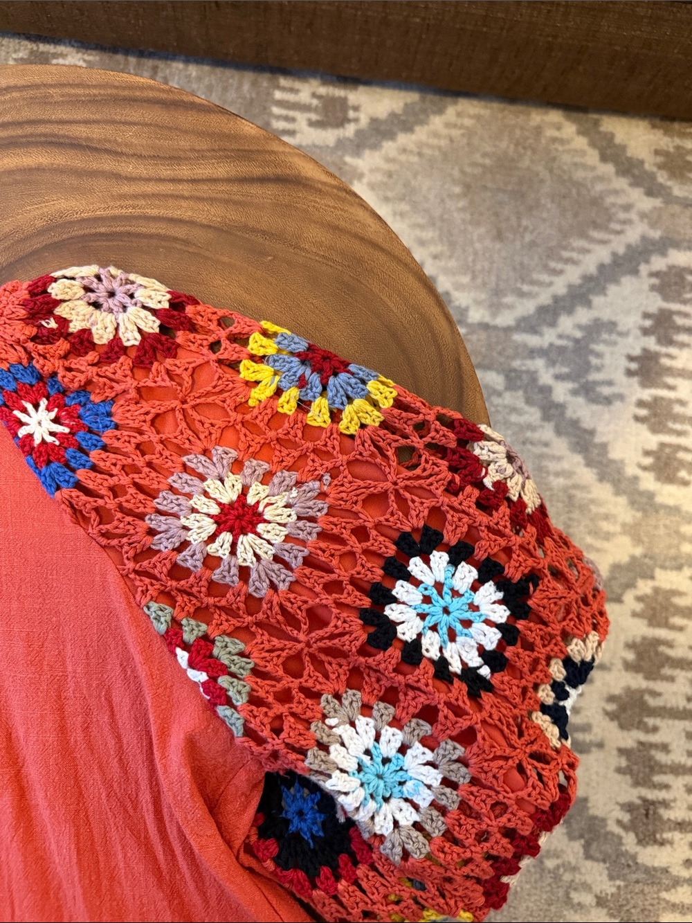 Umgee Rust Woven Tunic with Multicolor Crochet Sleeves - Picture 3 of 12
